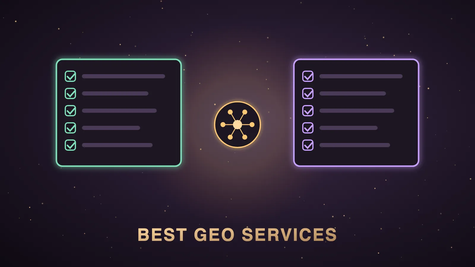 A dark Agent OS dashboard with five glowing GEO service package cards labelled audit, content, mentions, technical and tracking, feeding gold citation lines into an AI answer panel