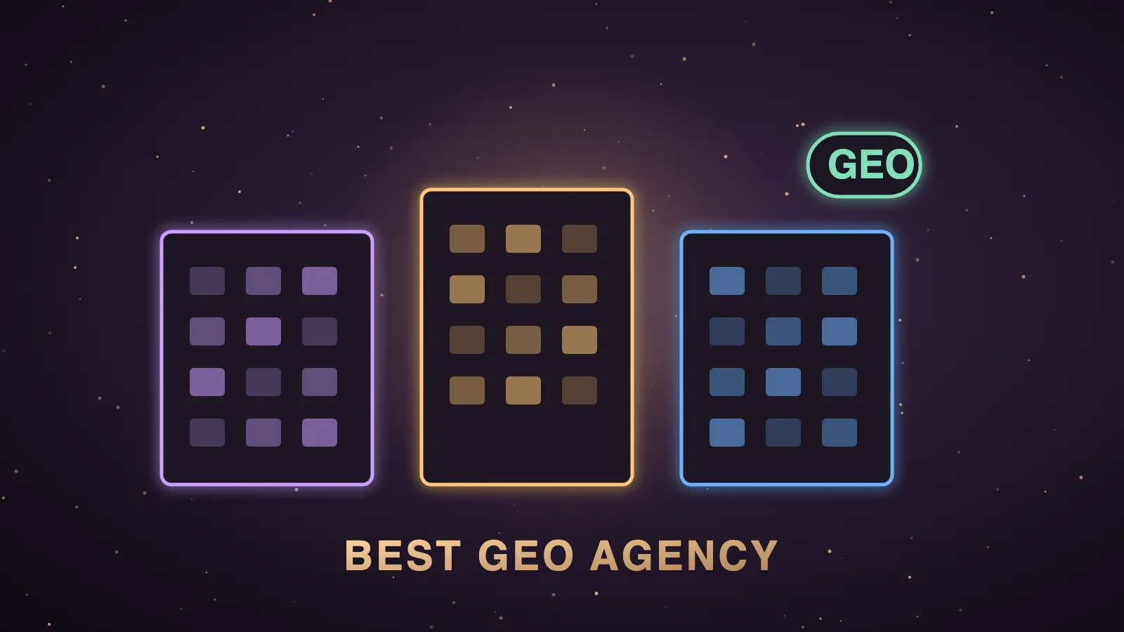 A dark Agent OS command screen showing eight agency cards in a ranked column beside a glowing generative AI answer panel, with gold citation links flowing into a shared memory log