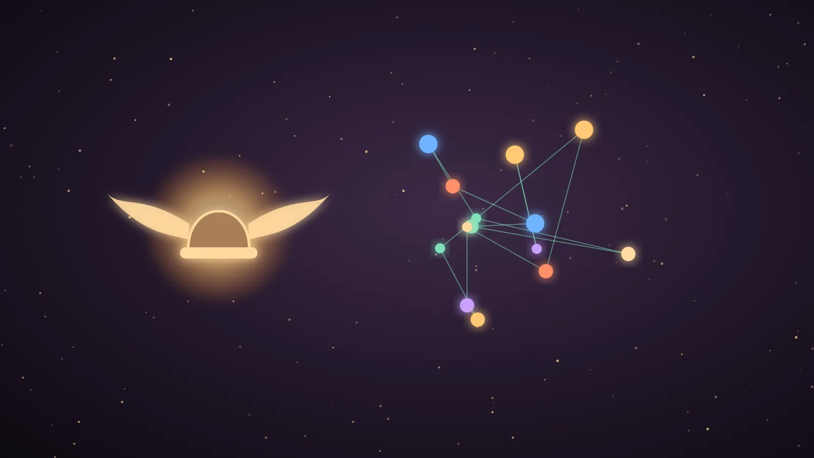 A glowing vault of connected notes at the centre of a dark dashboard, with seven AI agent avatars each drawing a line of light into the same vault, and two small memory files floating above it