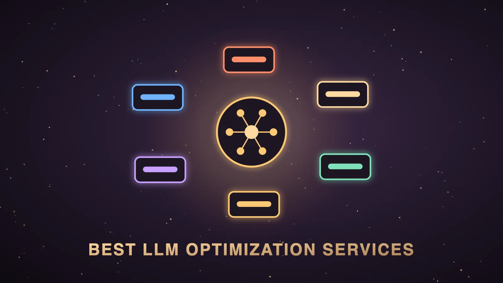 A dark Agent OS control panel split into six service tiles, four glowing green as run in-house by agents and two gold as bought from providers, with AI answer panels feeding a shared memory log