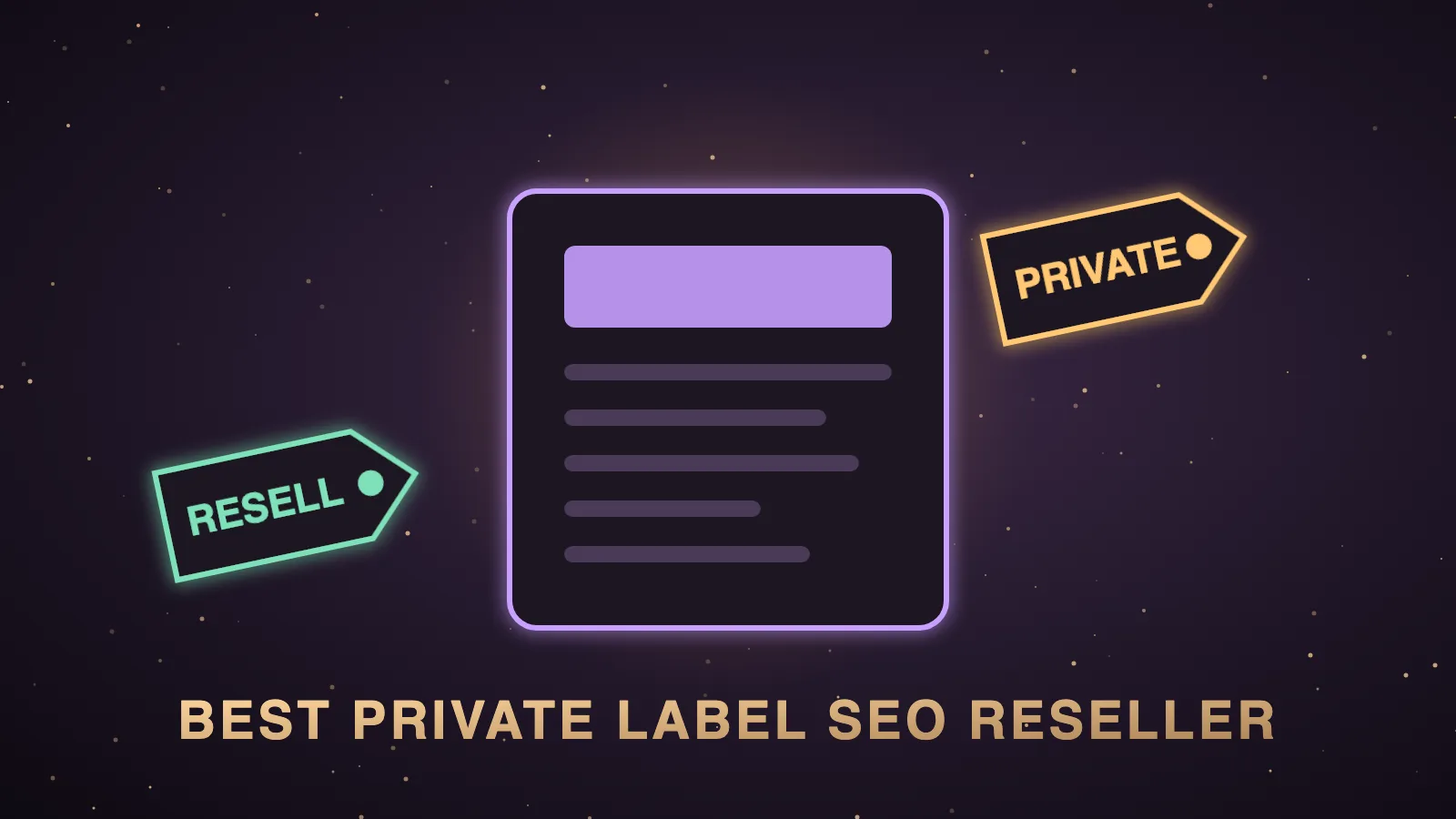 A dark agency dashboard showing a client report with a blank agency logo, a magnifying glass scanning it for hidden provider branding, six provider cards on the right and small agent icons ticking off a link checklist