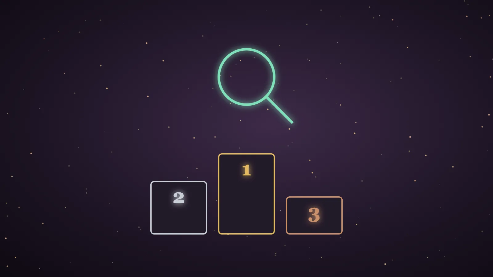 Eight glowing podium pillars in a dark aubergine hall with a golden search bar above them, illustrating the best SEO professionals ranked