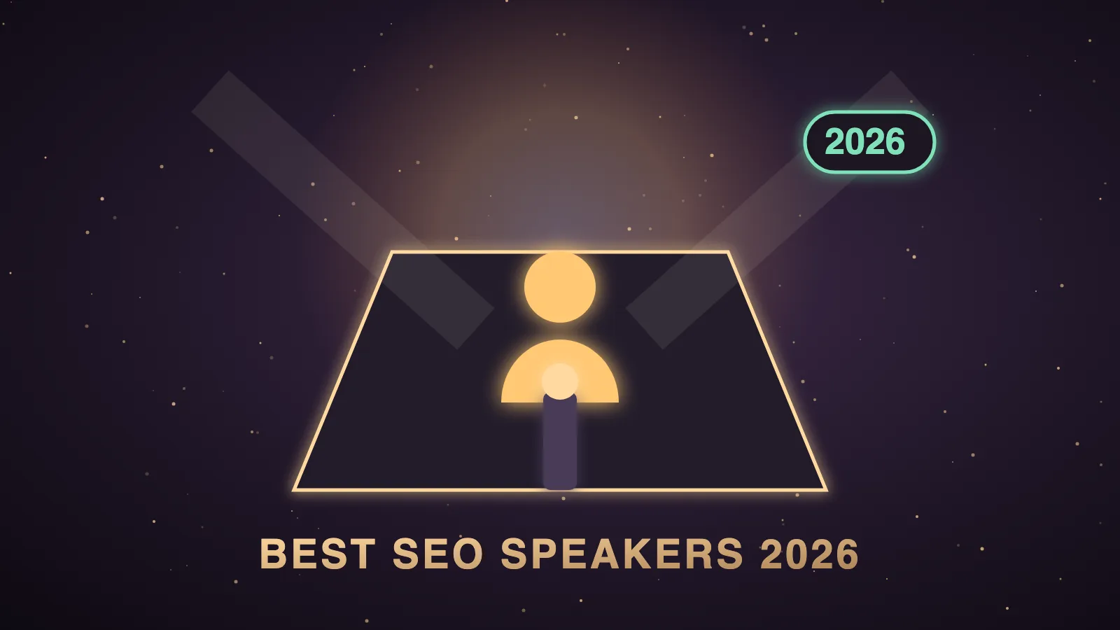 A dark Agent OS dashboard showing a conference stage with a spotlight, a column of ten speaker cards each stamped with a small verified tick and an event date, and an AI agent panel linking each card to a conference page