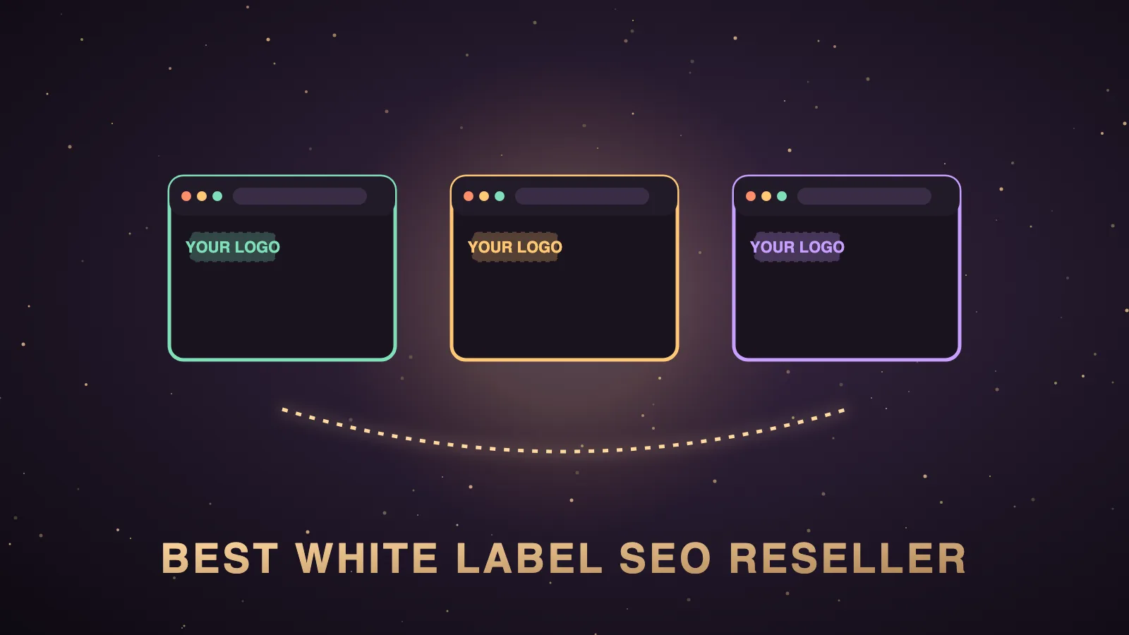 A dark agency dashboard where client reports flow from a hidden provider panel into a gold-branded agency report, with small agent icons logging orders into a shared memory panel and a ranked list of eight provider cards on the right