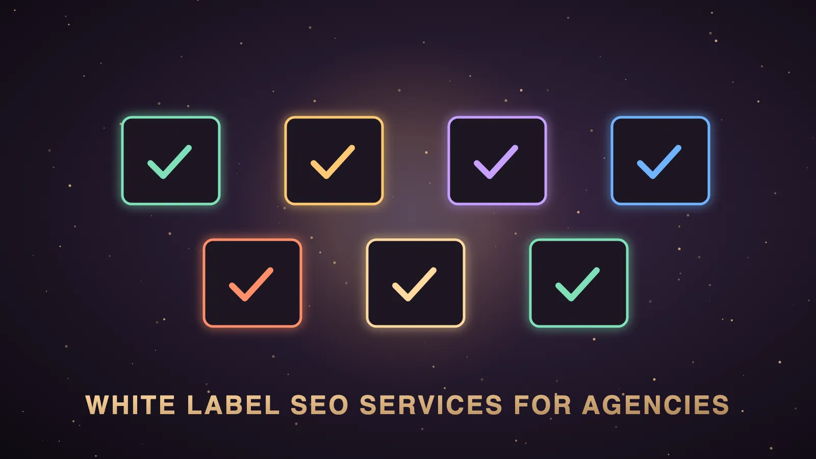 A dark agency dashboard with five service cards for link building, audits, content, local SEO and AI search, small agent icons logging deliverables into a shared memory panel, and one client report card branded with a blank agency logo
