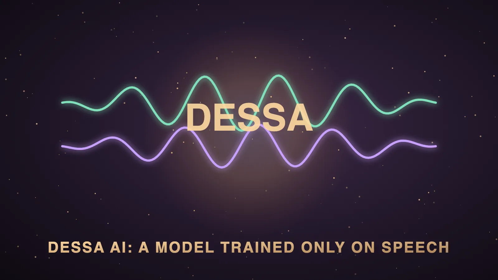 Two glowing sound waves meeting in the middle of a dark aubergine room, one from a person and one from a MacBook Pro, with no text anywhere, illustrating Dessa AI as a speech-to-speech conversation model