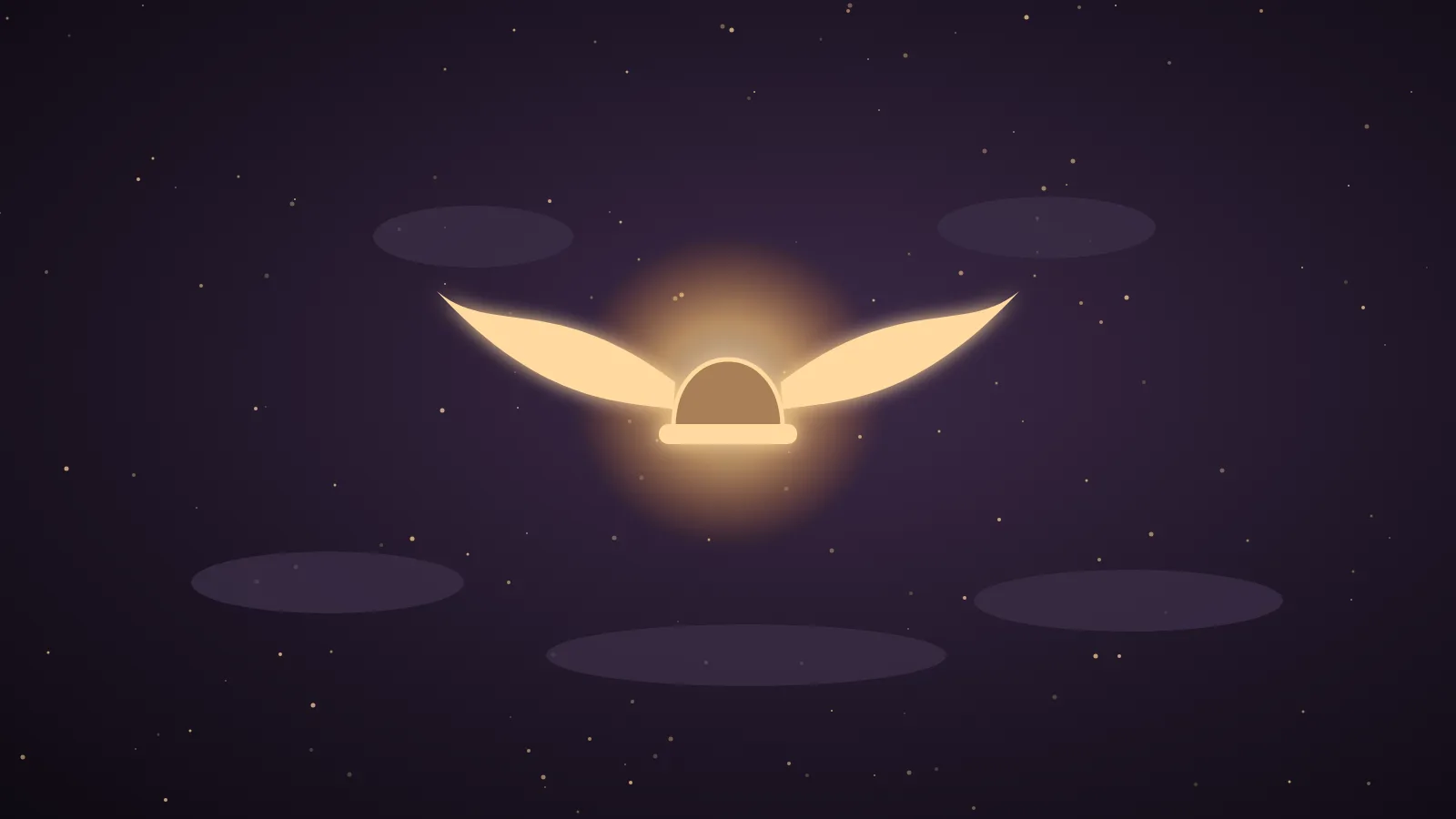 A golden winged Hermes emblem lifting off from a glowing cloud platform in a dark aubergine sky, with chat bubbles for Telegram and Slack floating beside it, illustrating FlyHermes hosted Hermes Agent