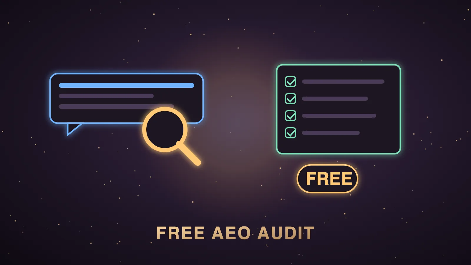 A dark Agent OS dashboard with a weekly calendar strip, a column of buyer prompts being ticked off by small agent avatars, answer cards labelled ChatGPT, Perplexity and Google AI Overviews, and a gold badge reading free in the corner of a scorecard panel