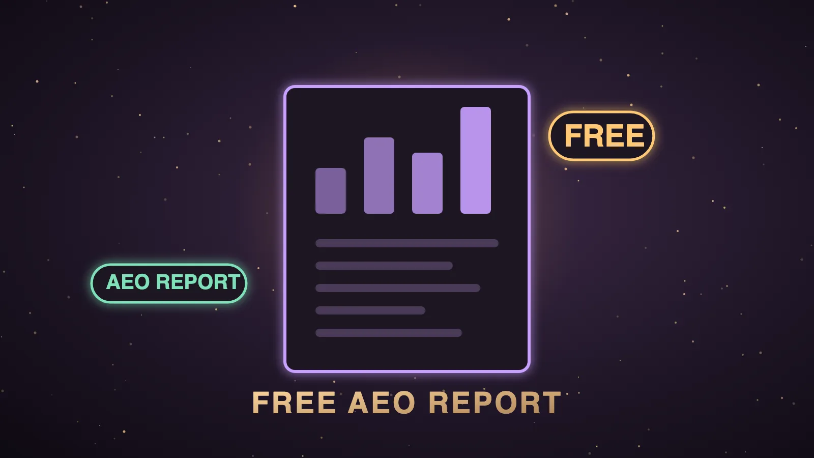 A dark Agent OS dashboard showing a one-page AEO report card with share-of-answers bars for ChatGPT, Perplexity, Gemini and Google AI, a cited-sources list and three priority fixes glowing gold