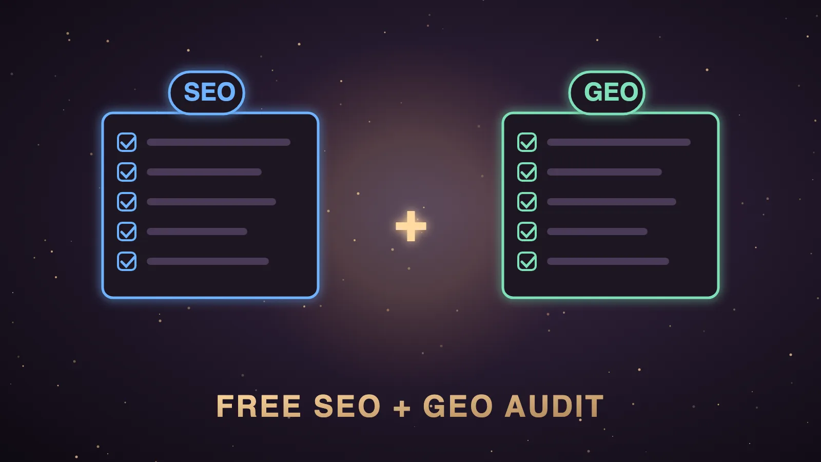 A dark Agent OS dashboard split into two glowing columns labelled SEO and GEO, with a Search Console chart on the left and small AI answer cards from ChatGPT, Perplexity and Gemini on the right, ticked off one by one by agent avatars