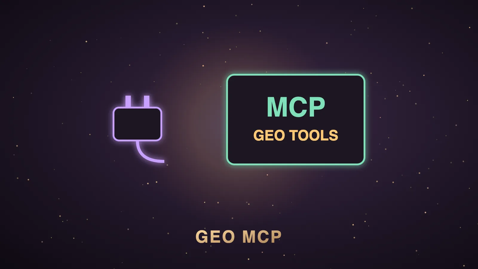 A dark Agent OS dashboard where a glowing MCP plug connects an AI agent to a toolbox of GEO checks labelled crawler, schema and citability, with a Search Console chart feeding the agent from the left