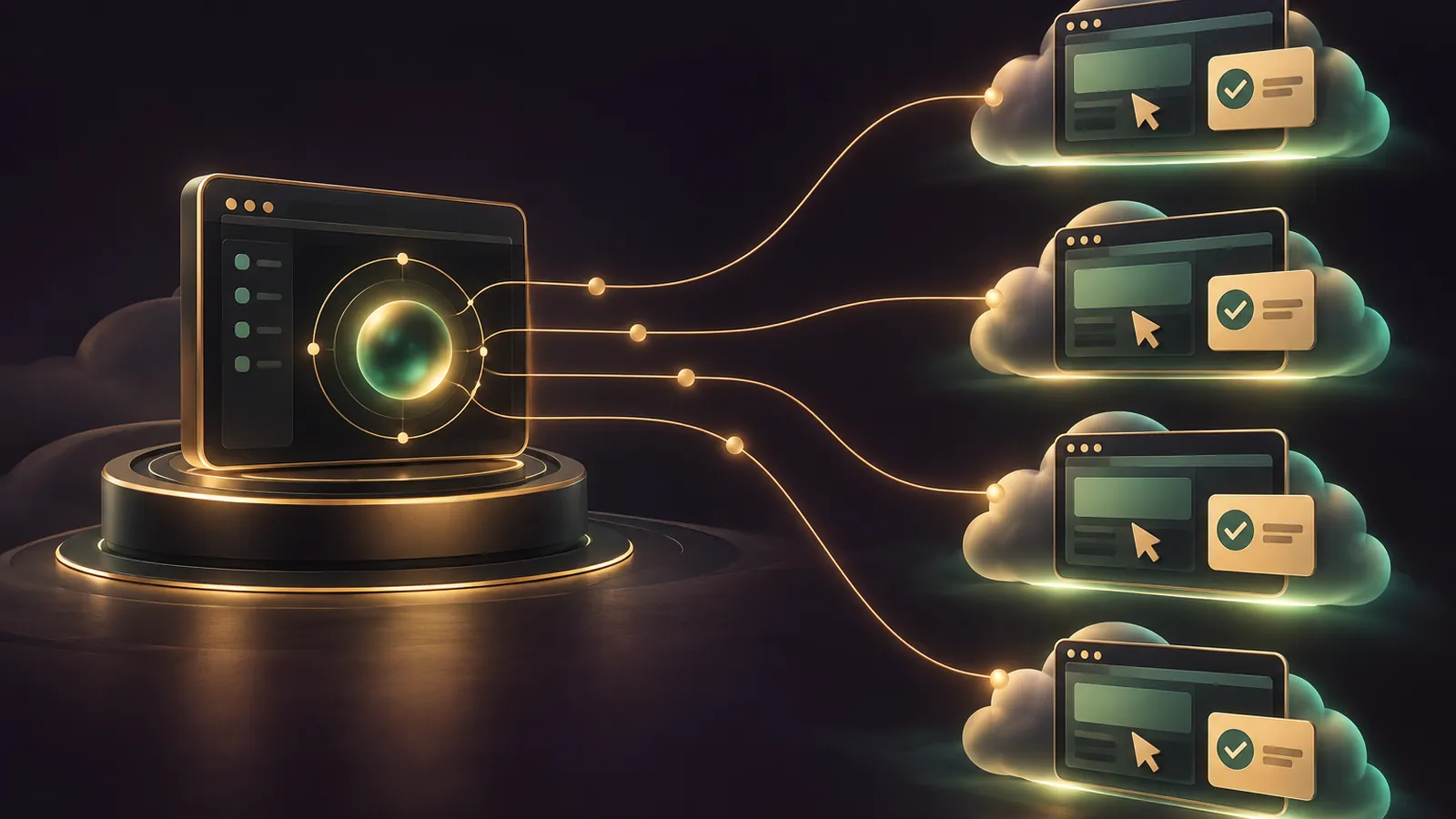 A dark aubergine control room where a gold-outlined agent console sends briefs to a row of glowing cloud screens, each showing a browser window and a small approval card