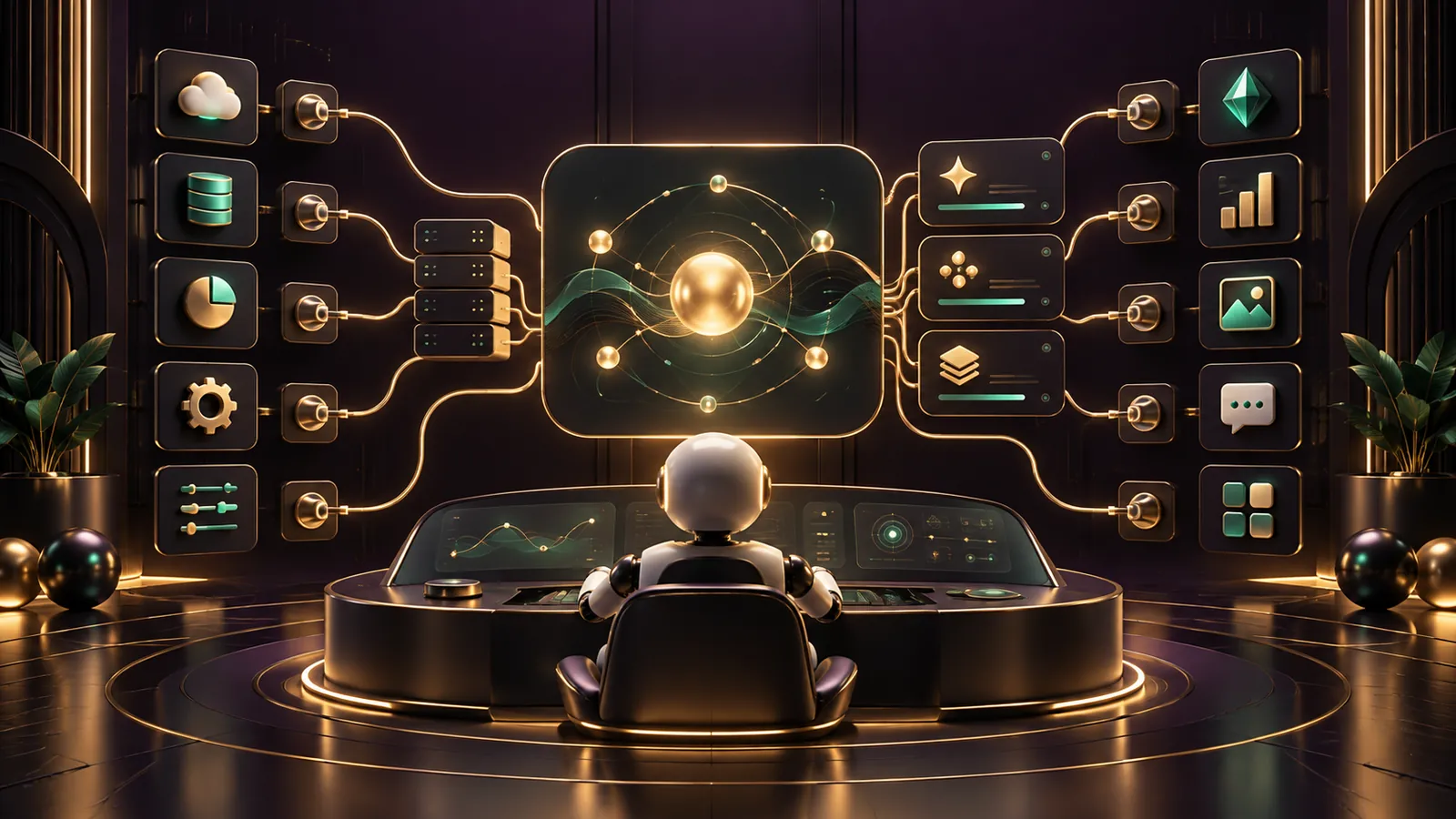 Illustrated control room where a central agent dashboard routes glowing gold connector lines to app tiles around it