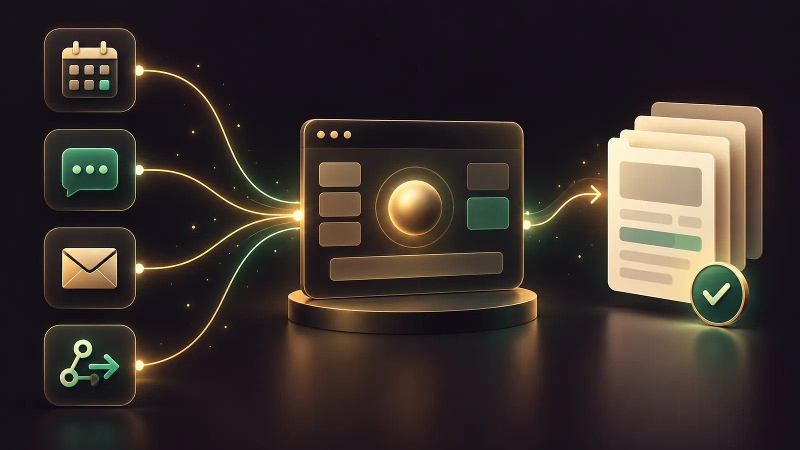 A dark aubergine control room where a calendar grid, a Slack-style message bubble, an envelope and a webhook arrow feed glowing gold lines into a central agent console that outputs a stack of draft cards