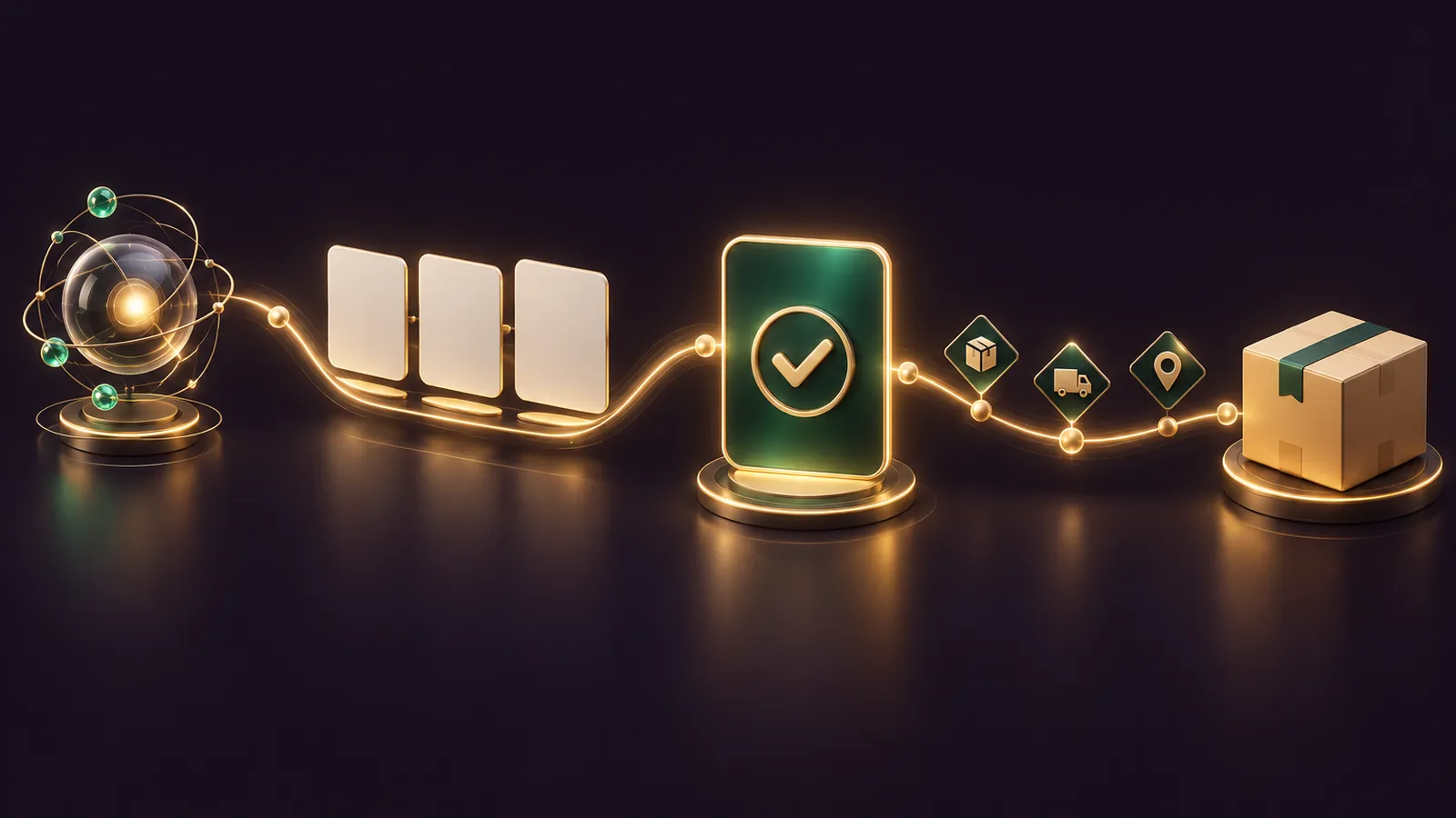 A dark aubergine dashboard where a gold shopping agent icon passes three product cards along a track to an approval card with a glowing checkmark, then on to a parcel tracker