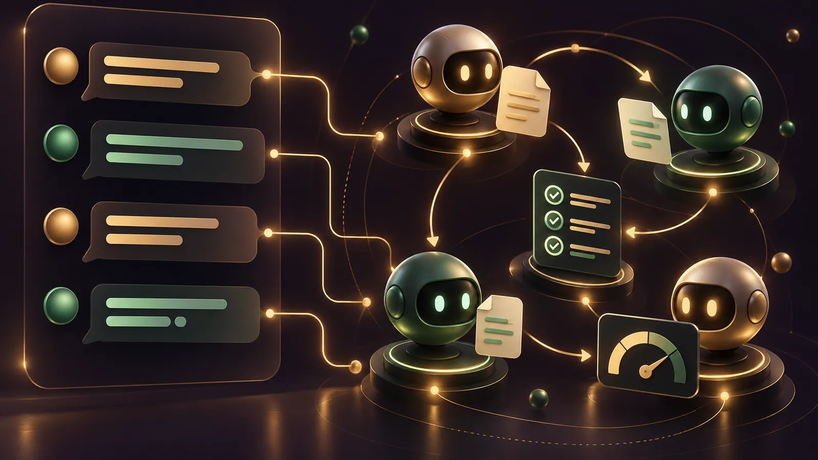 A dark aubergine workspace with a glowing chat thread on the left and gold agent nodes on the right passing briefs, triggers and checklists along fine gold lines