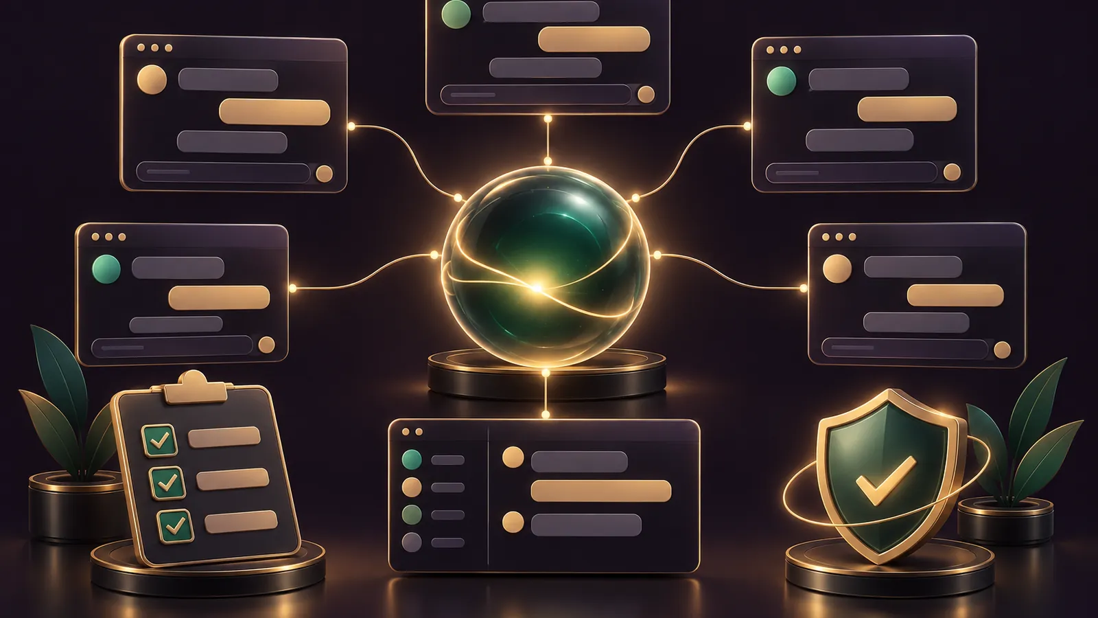 Illustrated control room where one glowing shared assistant connects to several private chat windows, gold lines on a dark aubergine background