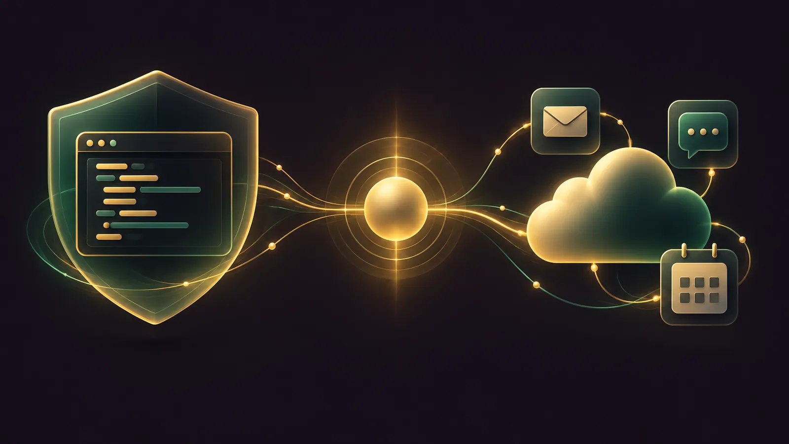 Two glowing agent workstations, a sandboxed terminal and a cloud computer, joined by a gold line into one hub on a dark aubergine background