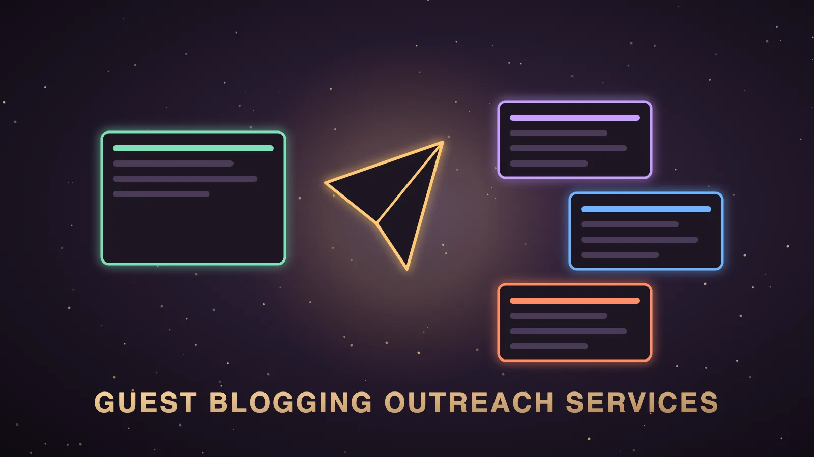 A dark dashboard showing an outreach pipeline moving from prospect cards to validated emails to published guest articles, with small agent icons drafting personalised pitches and a gold checkmark on each live placement