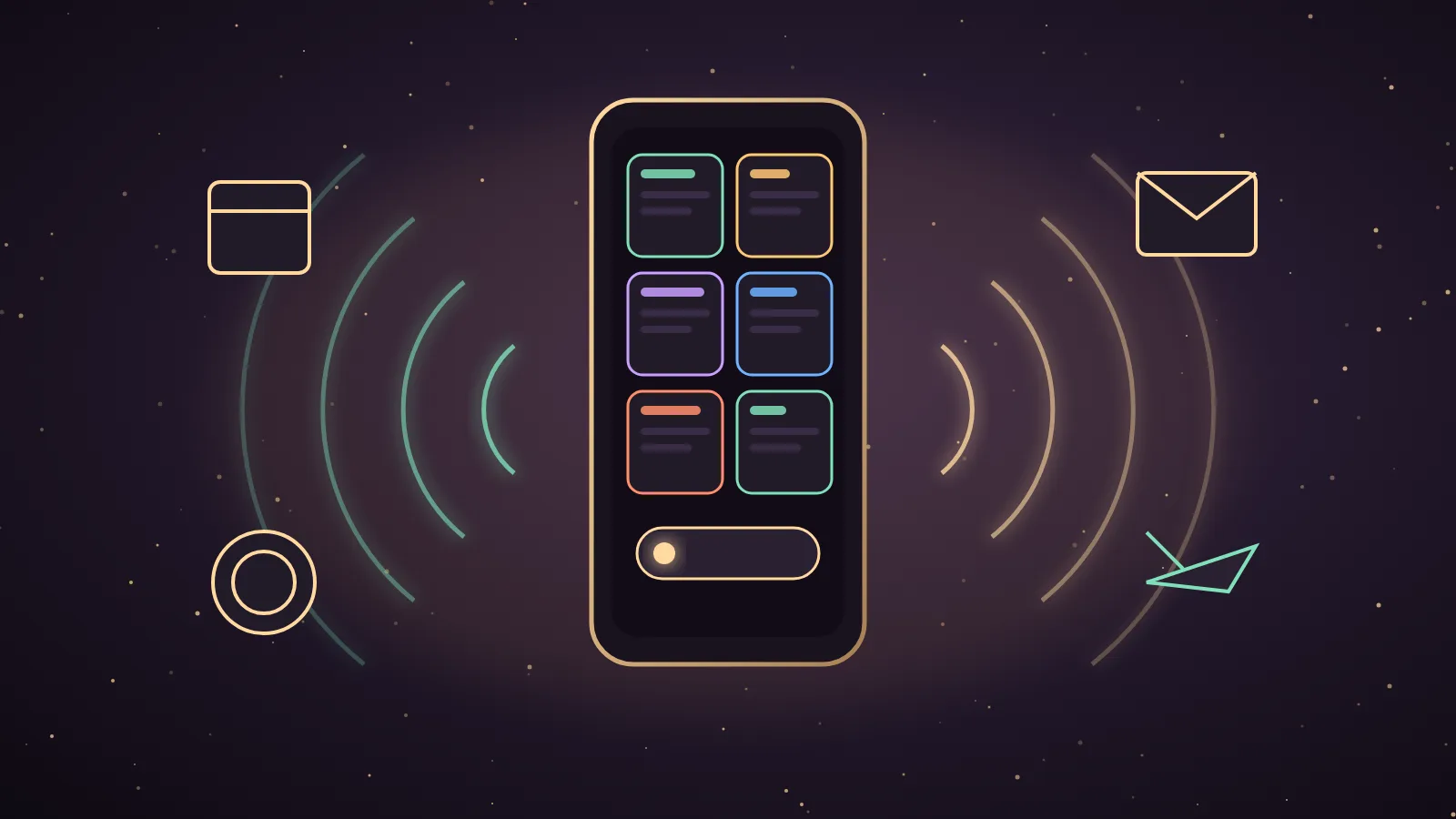 A sleek glowing phone showing a calm sky dashboard with panels and action buttons, connected by golden lines to email, calendar and booking icons around it