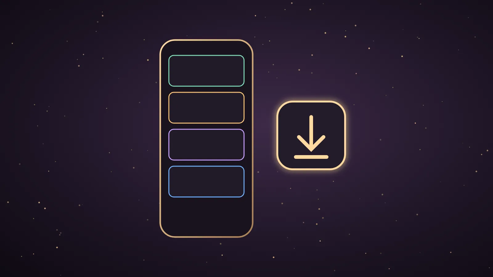 A phone held in one hand showing a calm sky-coloured chat app with a glowing download arrow, beside small App Store, Google Play and browser icons linked by golden lines to an Agent OS dashboard on a laptop