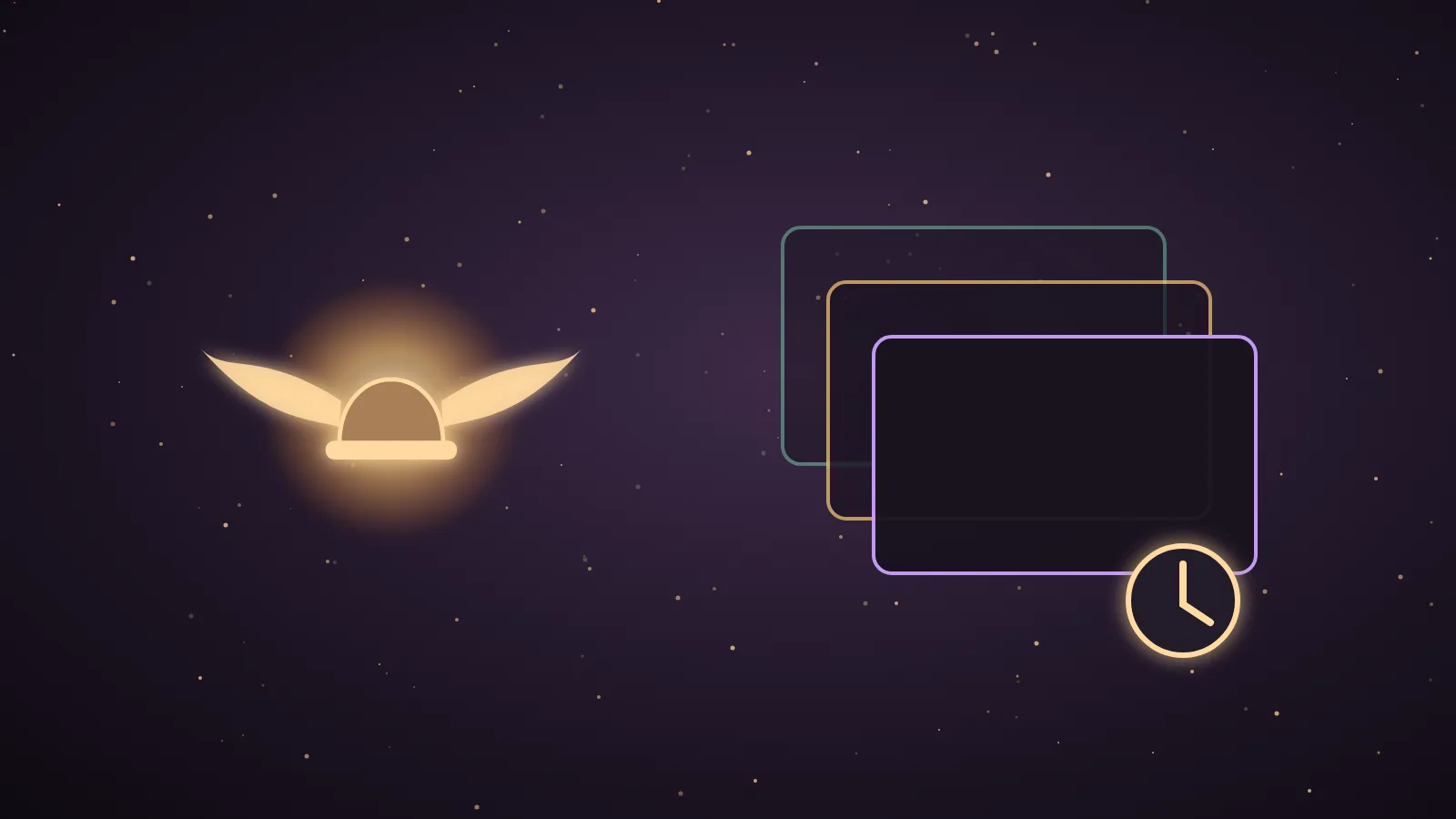 A sleeping desk at night in a dark aubergine room while a glowing golden Hermes wing emblem runs a row of small scheduled task cards and a clock showing 6am, illustrating Hermes Agent background jobs