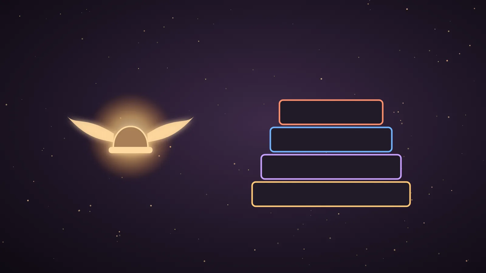 A golden Hermes wing emblem connected by glowing lines to an orange cloud made of stacked bedrock layers in a dark aubergine room, illustrating Hermes Agent running on Amazon Bedrock models
