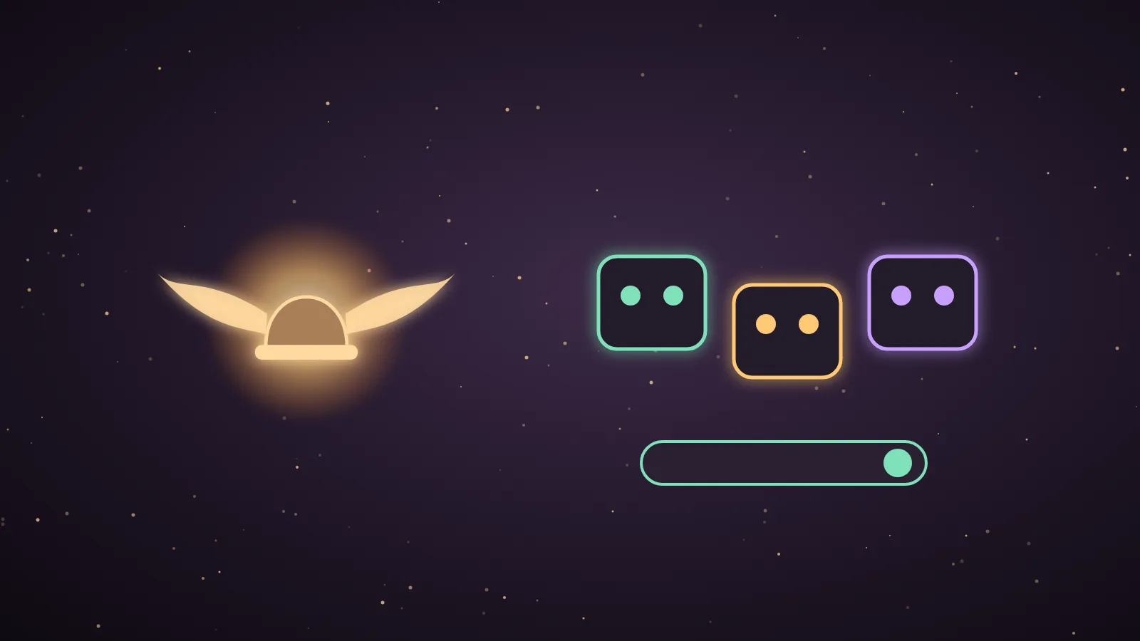 A dark aubergine dashboard with a glowing left-hand roster of friendly geometric bot faces in different colours, small message arrows passing between them and a golden winged Hermes emblem above, illustrating Hermes Agent Bot Mode