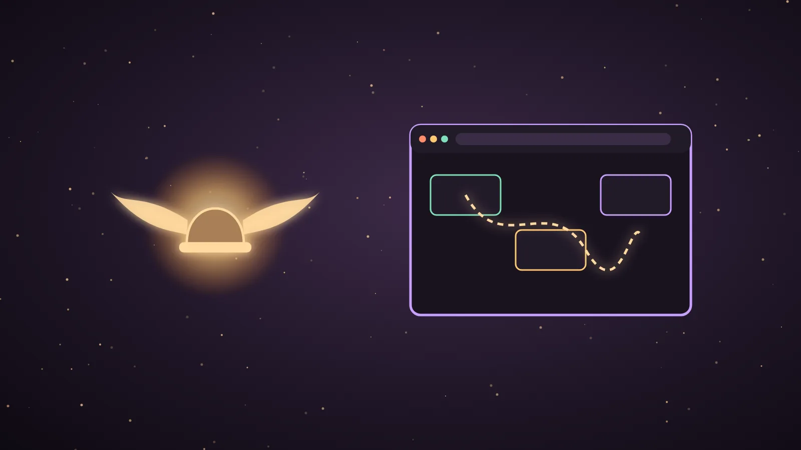 A glowing agent orb steering a browser window with a golden cursor, with a small cloud browser floating behind it, illustrating Hermes Agent using Browser Use