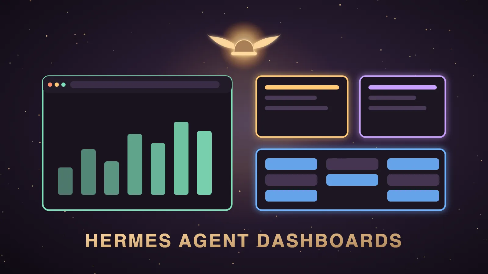 A dark control desk with six glowing panels labelled sessions, costs, kanban, memory, cron and office, each wired by a golden line to one central Hermes agent core
