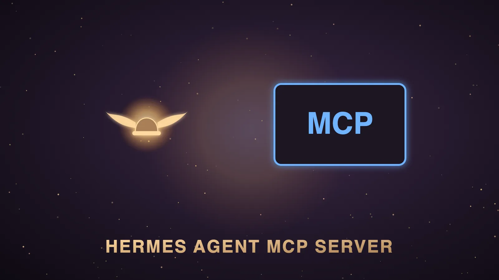 Two glowing robots in a dark aubergine control room passing a bright plug-shaped cable between them, one labelled Hermes and one a code editor, with small tool icons for GitHub, chat bubbles and a browser floating along the cable, illustrating the Hermes Agent MCP server