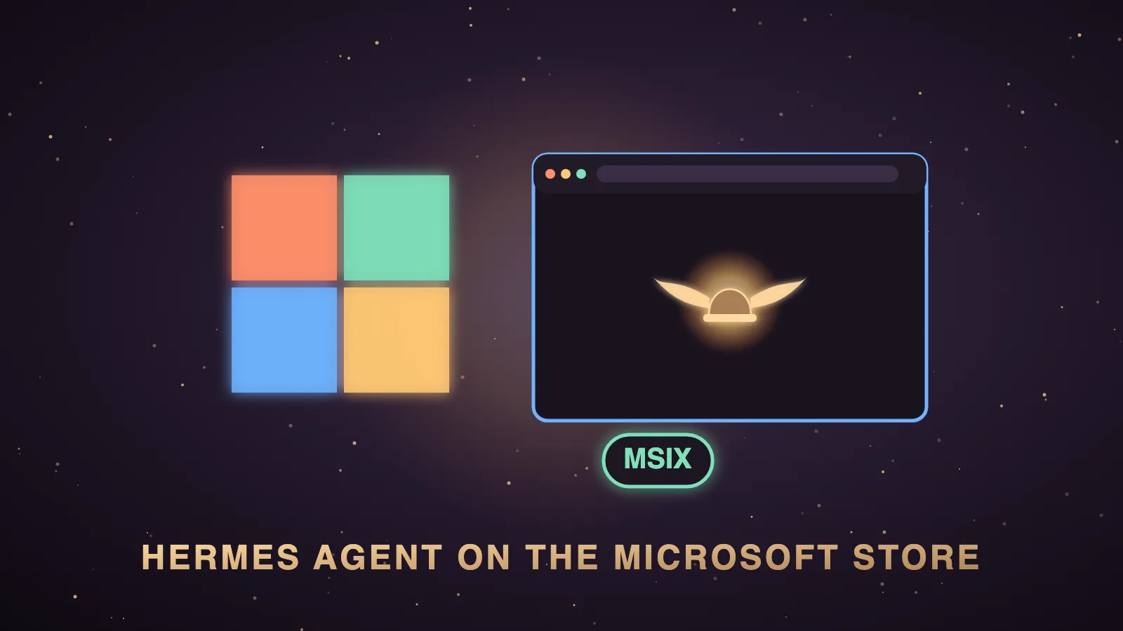 A dark aubergine desk with a glowing Windows 11 laptop installing a signed Hermes Agent package from a store tile, while light threads connect it to a home server, a cloud node and a second PC, illustrating the Hermes Agent Microsoft Store app as one seat in an Agent OS