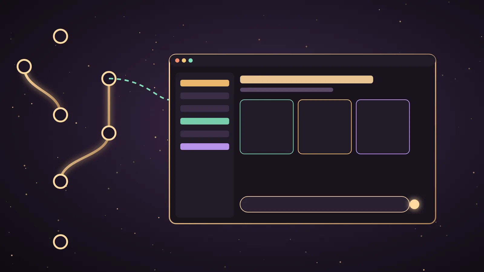 A sleek dark desktop interface with a glowing Hermes chat panel at its centre, rising out of a GitHub repository window, with spaces, missions and automation cards floating around it