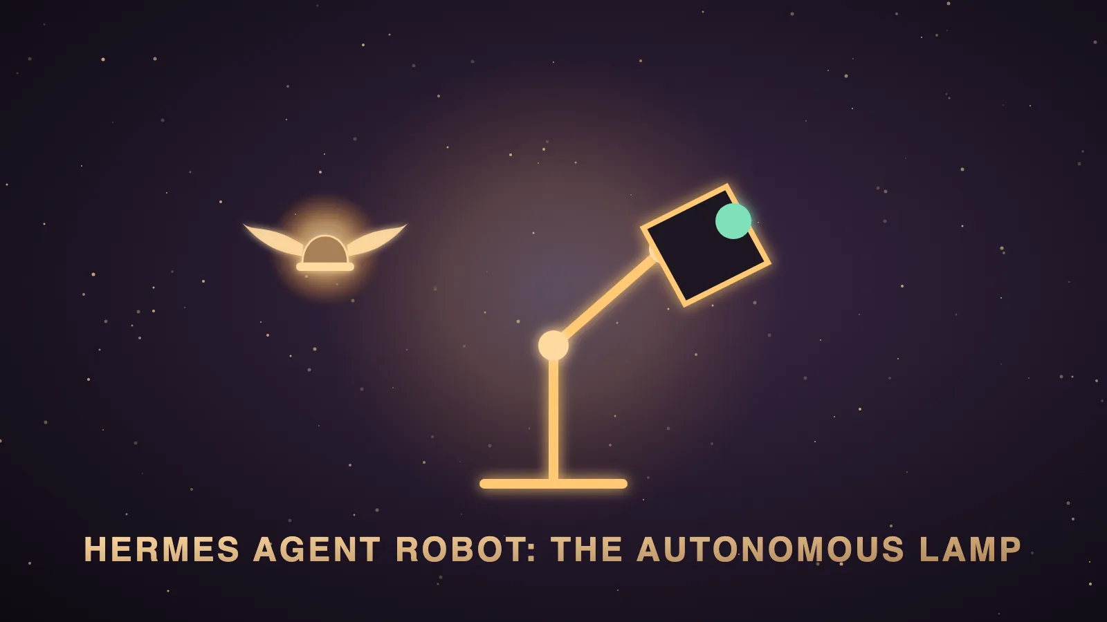 A friendly robotic desk lamp with a glowing ring head turning to look at a person at a dark aubergine desk, with a small winged Hermes badge and floating cards for SOUL.md, SKILL.md and SAFETY.md, illustrating the Hermes agent robot