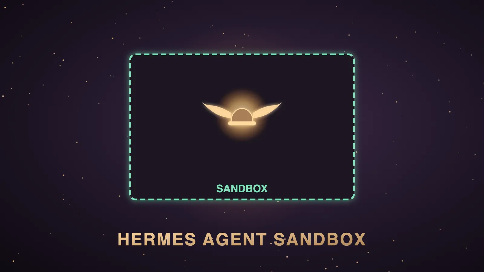 A glowing glass cube in a dark aubergine control room with a small winged robot typing commands inside it, while padlocked folders for keys, cloud logins and client files sit safely outside the cube, illustrating the Hermes Agent sandbox