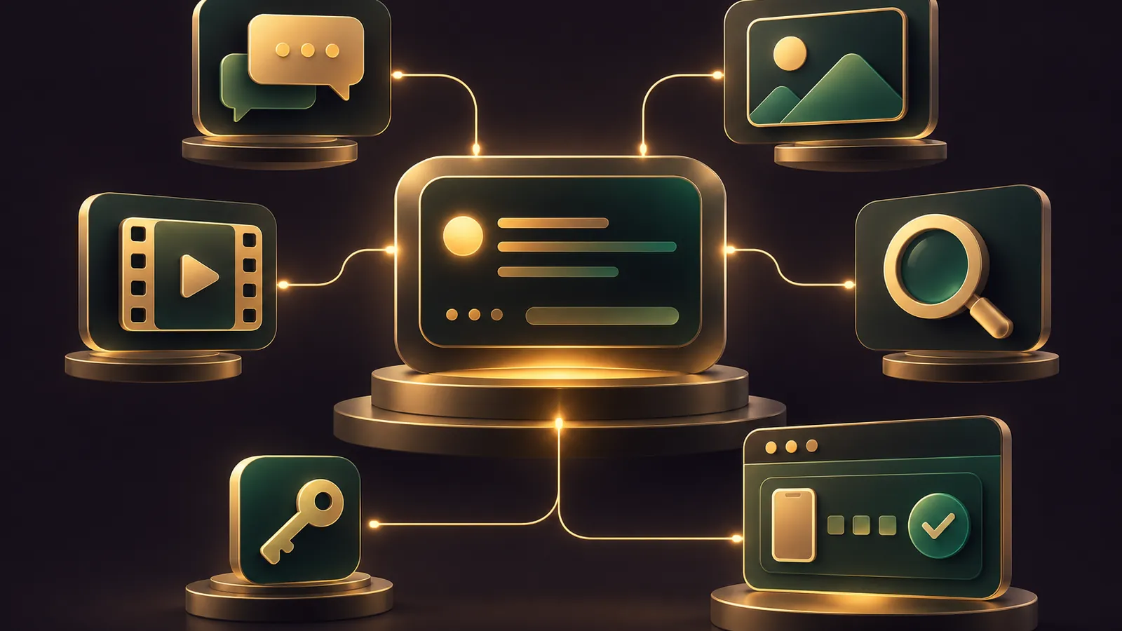 Illustrated hero: a glowing agent console on a dark aubergine background, linked by gold lines to icons for chat, images, video and search