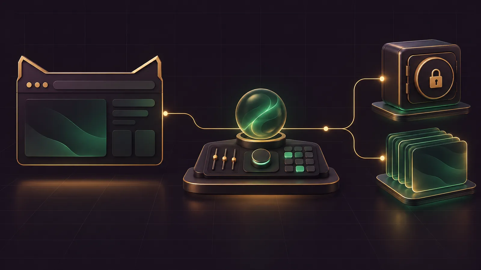 A dark aubergine control room where a gold fox-shaped browser window sits beside an agent console, with a padlock vault and a stack of saved session cards glowing in gold