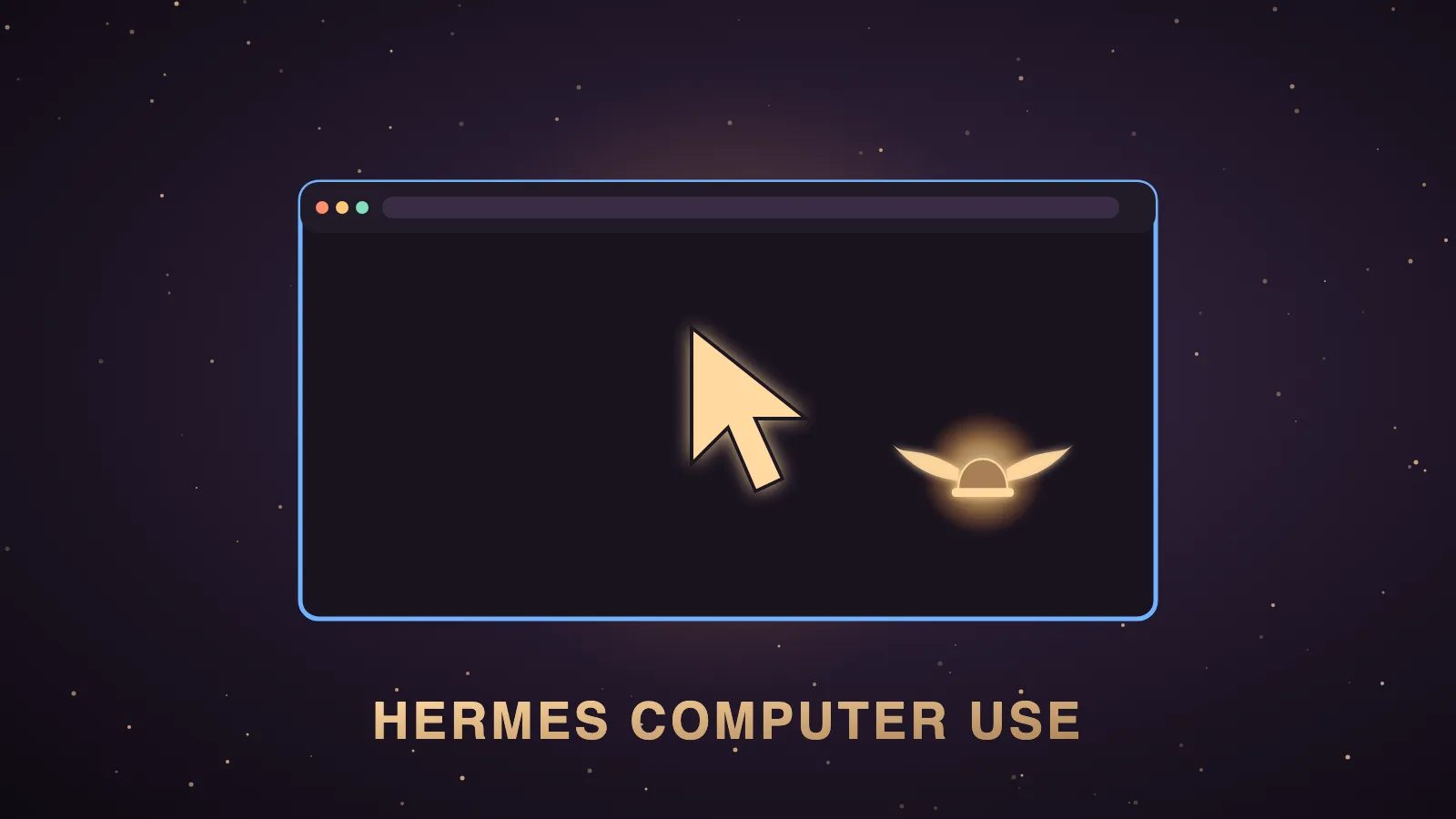 A dark aubergine workspace where a translucent winged robot hand guides a glowing ghost cursor across a desktop app window while a person keeps typing at the same keyboard, with a small open instruction book labelled skill floating beside it, illustrating the Hermes computer use skill
