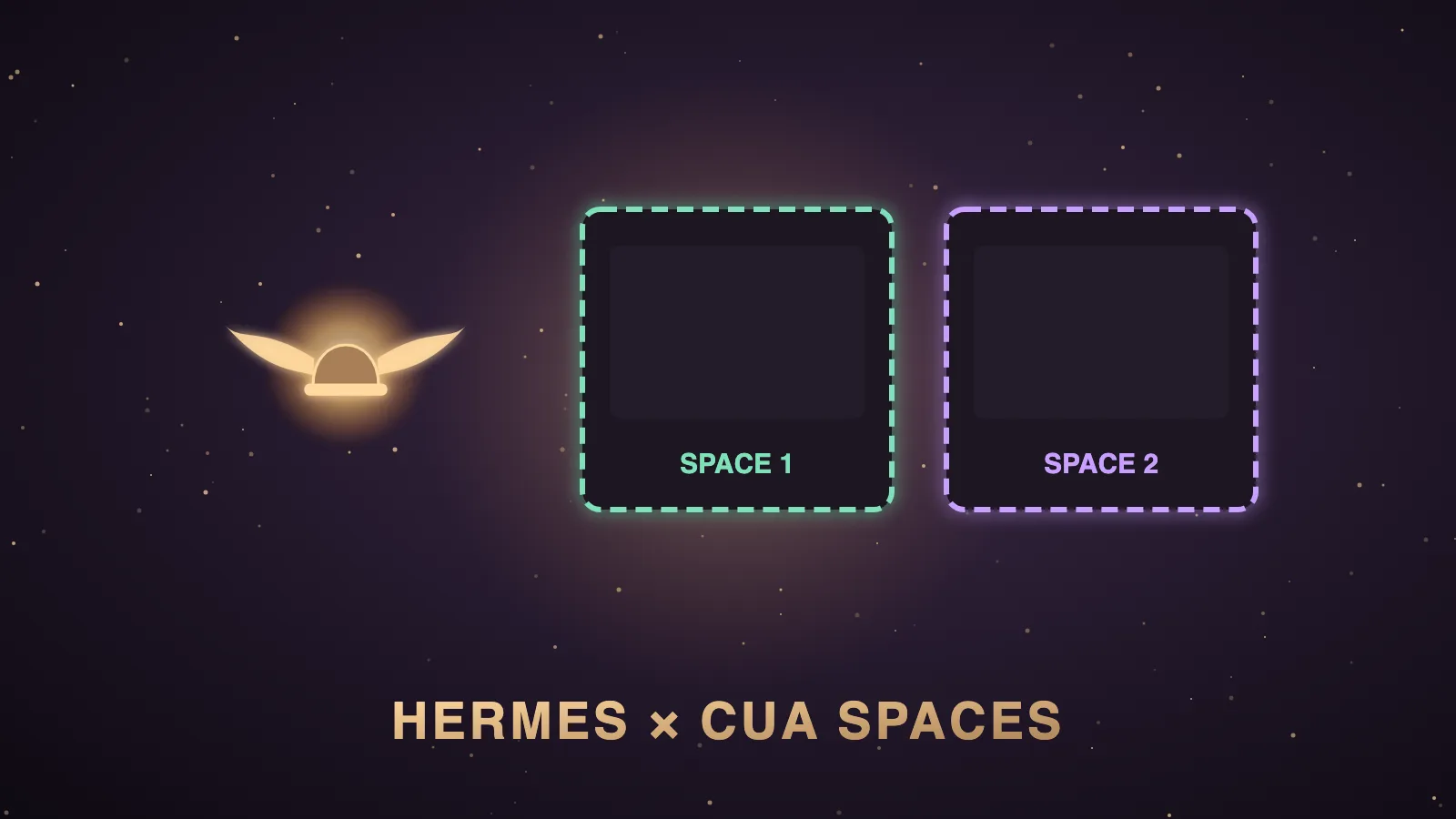 A dark aubergine control room with several glowing glass monitors, each showing a separate small desktop where a winged robot works, while a person at a central desk watches them all and reaches for one mouse, illustrating Hermes Cua throwaway computers