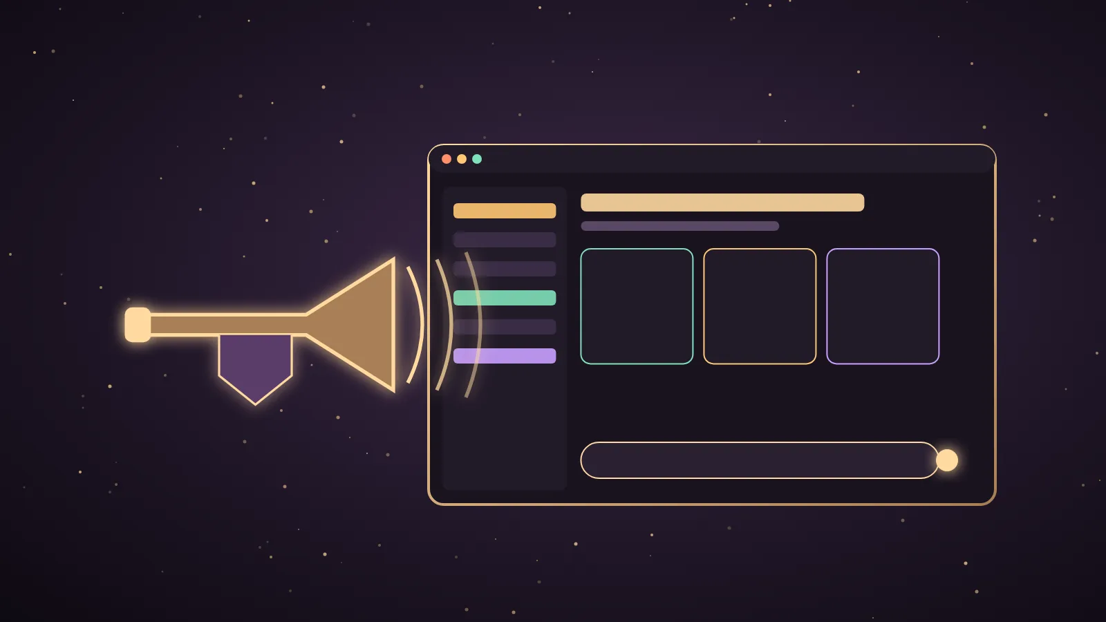 A glowing full-screen desktop with a calm winged messenger emblem at its centre, connected by golden lines to app, file, calendar and microphone icons, with an approval card floating in front