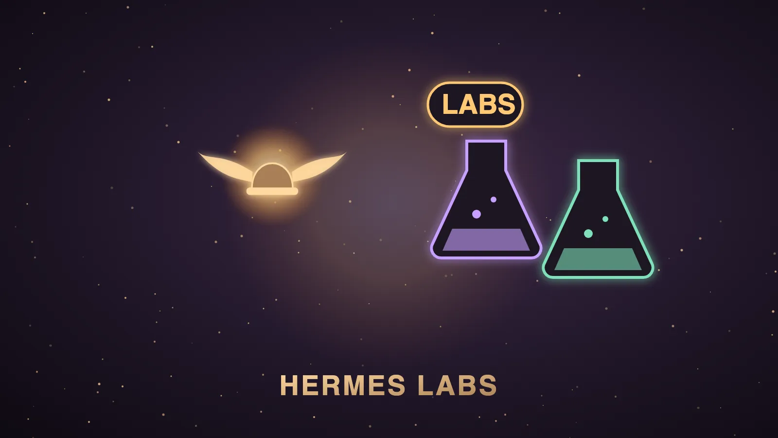 A glowing glass laboratory flask filled with three small plugin cards, an inbox tray, a browser recording reel and a chat bubble, sitting on a dark aubergine workbench beside a winged Hermes robot, illustrating Hermes Labs experimental plugins