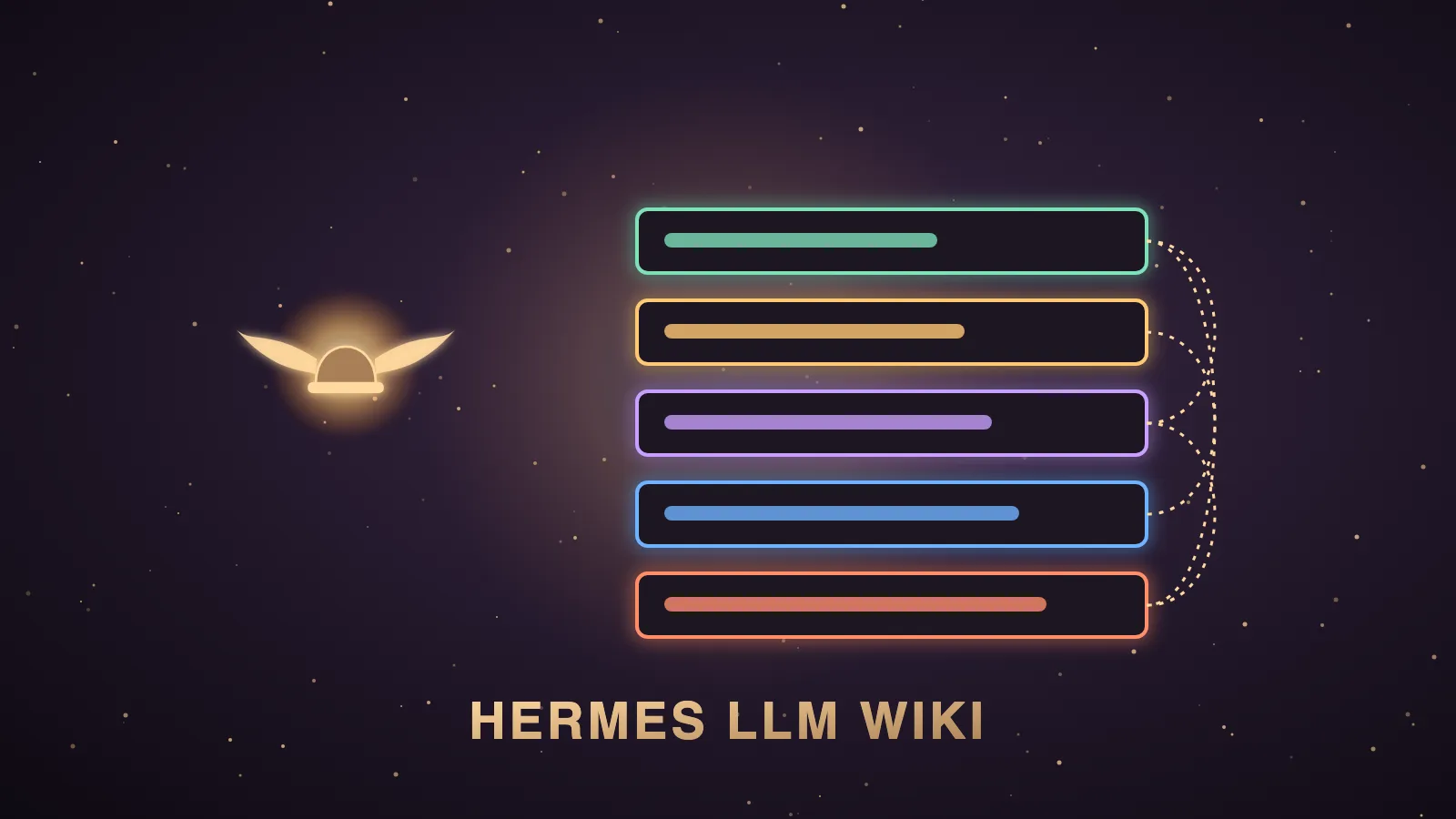 A winged Hermes robot at a dark aubergine desk filing glowing markdown pages into a branching tree of folders labelled raw, entities, concepts and queries, with a constellation-style graph of linked notes floating above, illustrating the Hermes LLM wiki