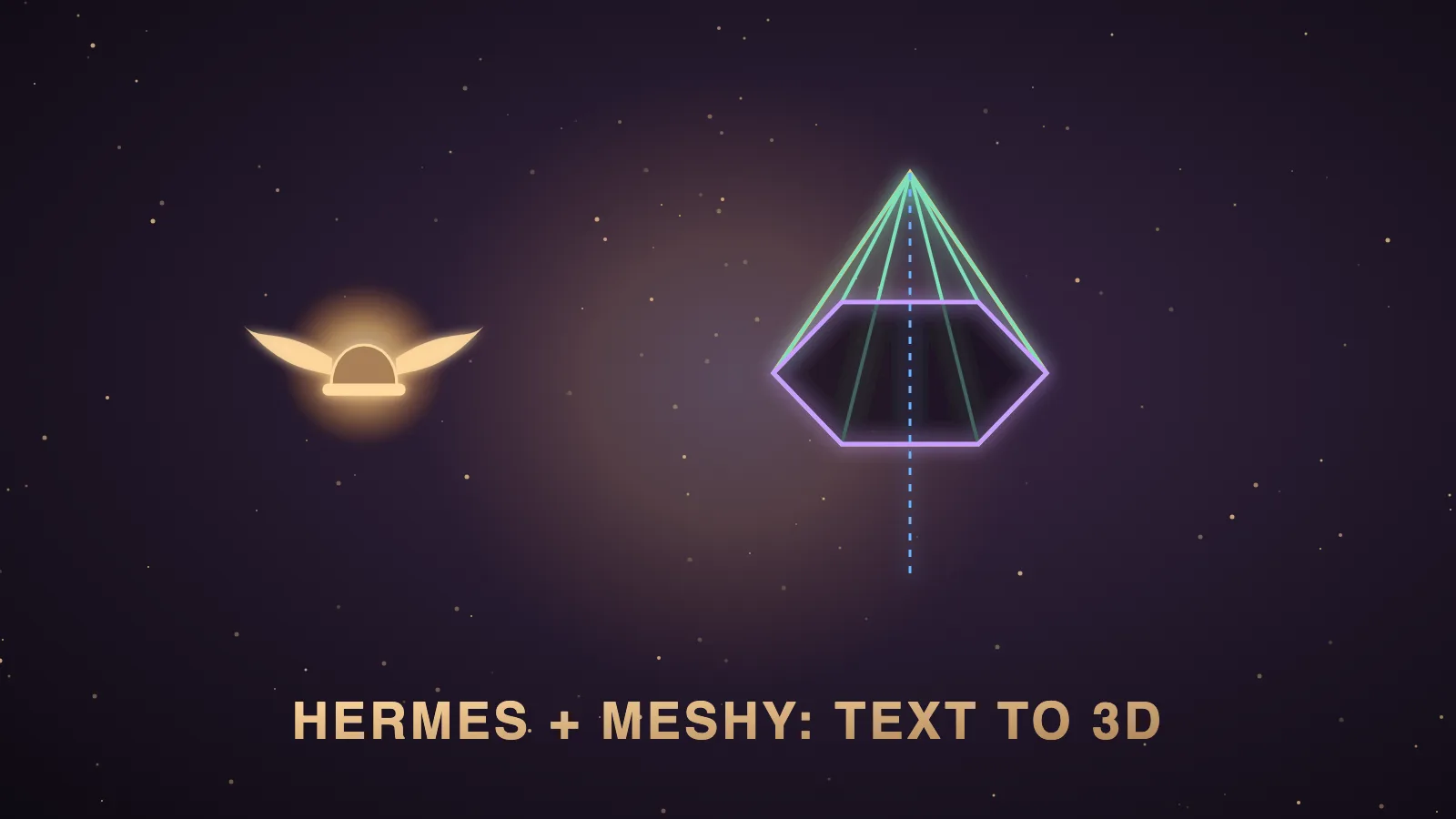 A winged Hermes robot at a dark aubergine workbench shaping a glowing low-poly treasure chest from a chat bubble, with a 3D printer, a mug and floating file badges for GLB, STL and 3MF, illustrating the Hermes Meshy plugin