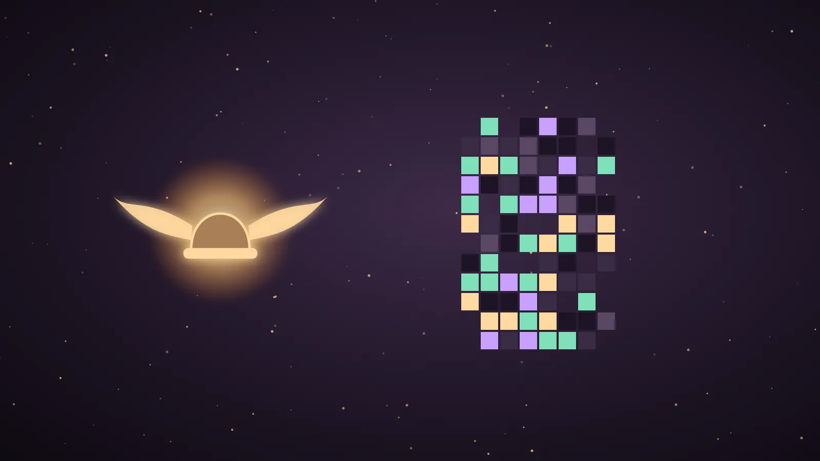 A glitchy pixelated question-mark block glowing inside a winged messenger robot's chest on a dark aubergine control desk, illustrating the MissingNo stealth model powering Hermes Agent