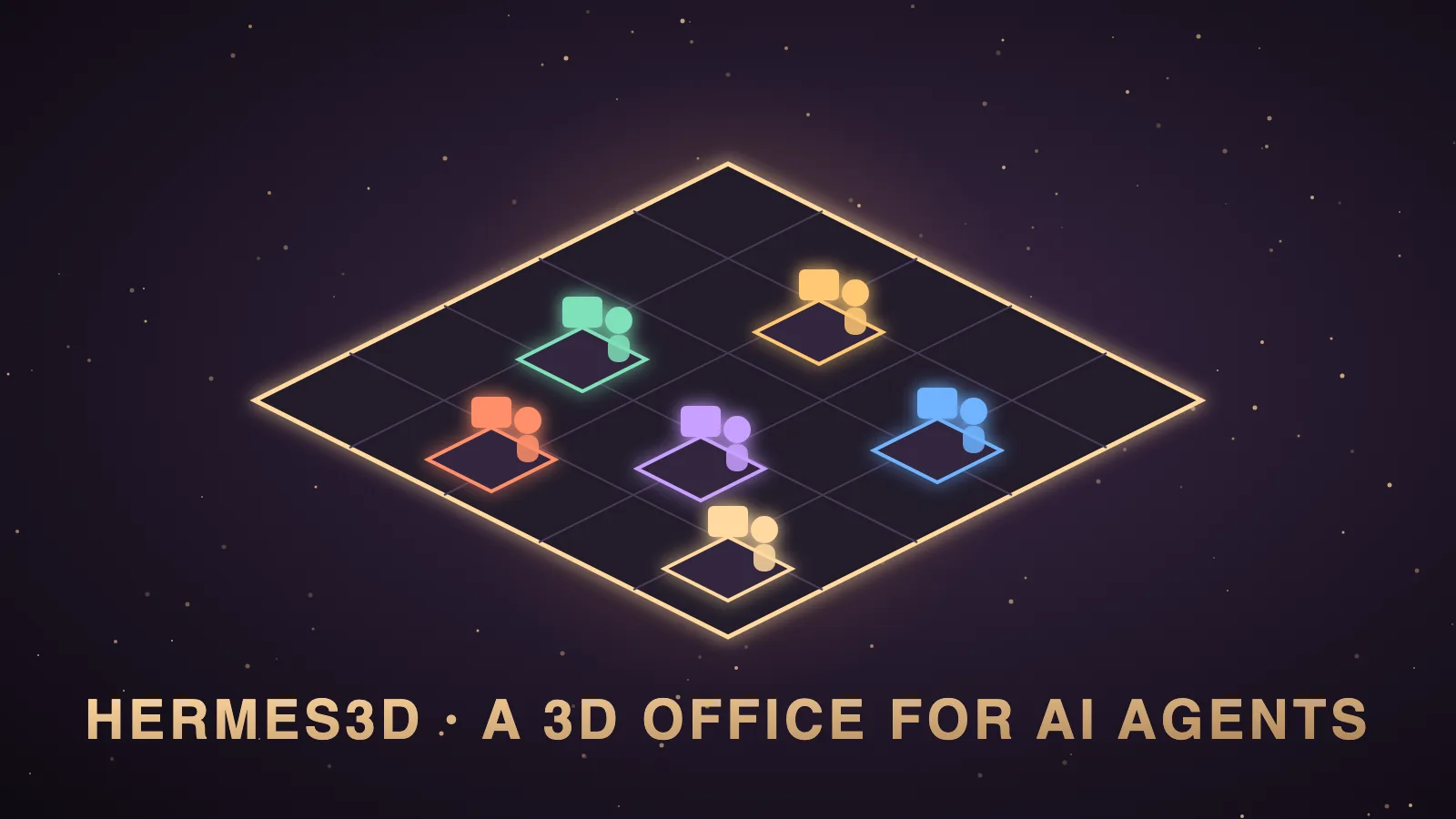 A dark isometric 3D office where small AI agent characters sit at glowing desks, with one agent walking to a meeting room and a dashboard panel floating beside the scene