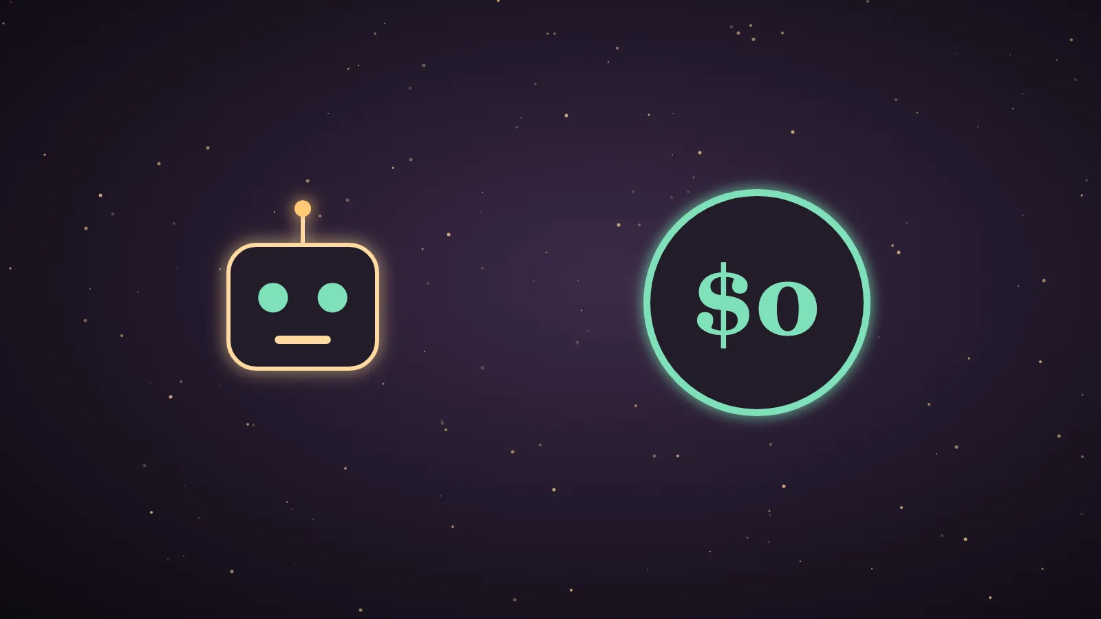 A friendly robot student at a glowing desk stacking six translucent layers labelled agent, brain, memory, interface, automations and lessons, with a large zero price tag floating above on a dark aubergine background
