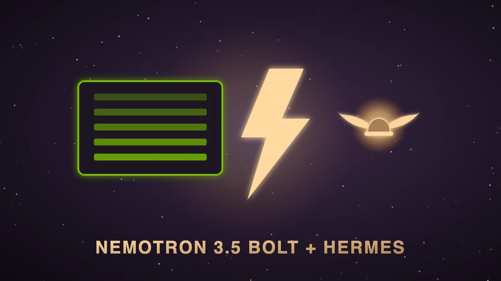A dark aubergine server room where one glowing green NVIDIA-style workstation holds a compact crystal brain marked 2-bit, with light threads linking it to a laptop, a phone and a cloud node, illustrating Nemotron 3.5 Bolt as the private local brain of a Hermes Agent OS