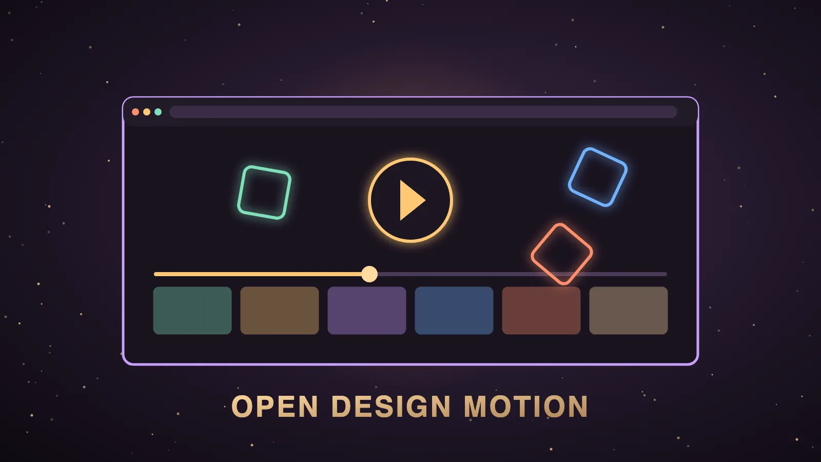 A dark aubergine design studio where an AI agent arranges glowing paper-cutout shapes along a film timeline, with a finished MP4 frame and a row of motion project previews, illustrating Open Design Motion inside an Agent OS