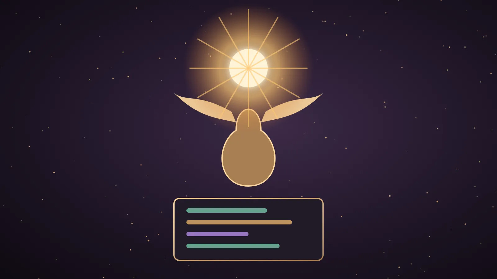 A small glowing sun-shaped core slotting into a winged messenger robot's chest on a dark aubergine control desk, illustrating Solar Mini 4 powering Hermes Agent