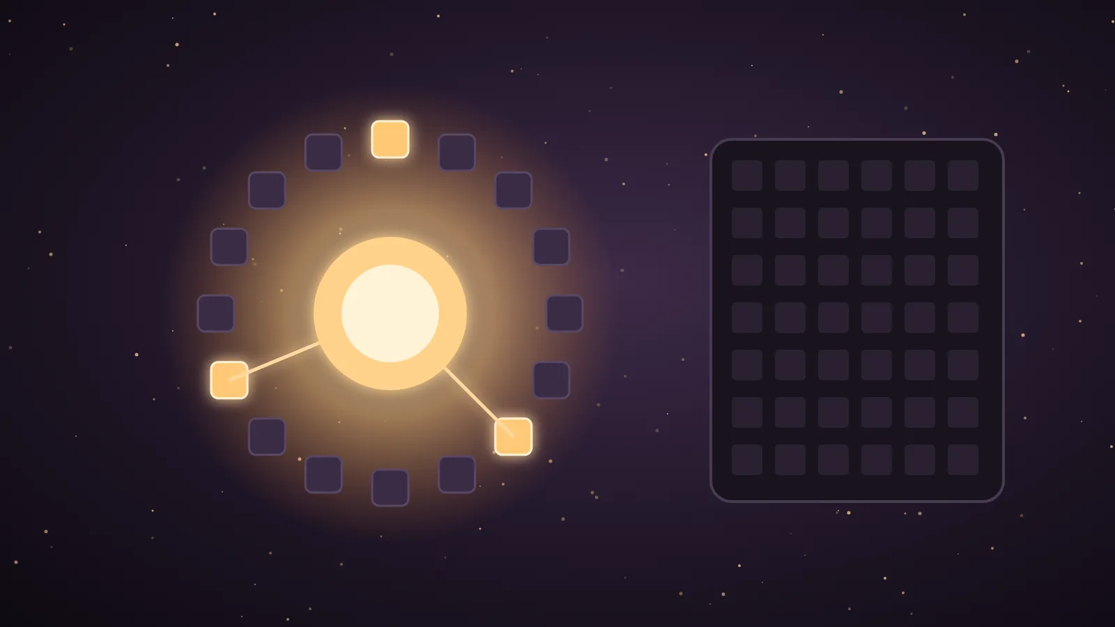 A small glowing sun-shaped AI core plugged into a dark dashboard of agent panels, illustrating Solar Mini 4 running inside an Agent OS
